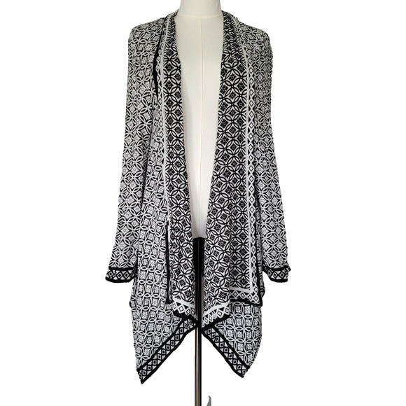 Chicos Cardigan Open Geometric Black White Womens 2 (12/L) Artsy Hippie Office - Picture 1 of 11